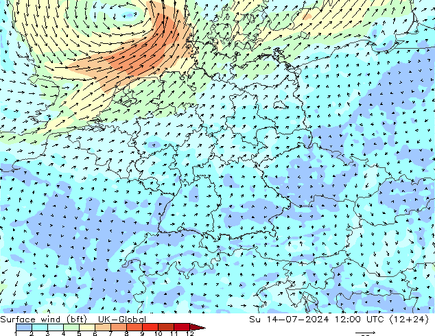 Wind 10 m (bft) UK-Global zo 14.07.2024 12 UTC