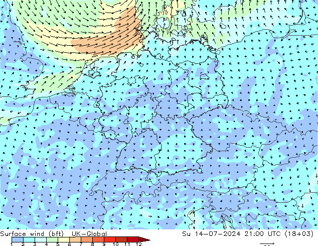 Wind 10 m (bft) UK-Global zo 14.07.2024 21 UTC