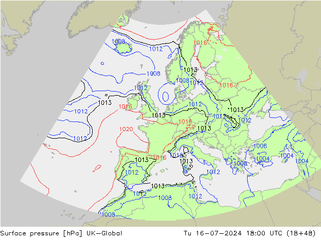 地面气压 UK-Global 星期二 16.07.2024 18 UTC