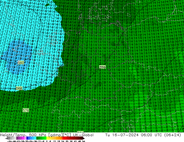 Hoogte/Temp. 500 hPa UK-Global di 16.07.2024 06 UTC