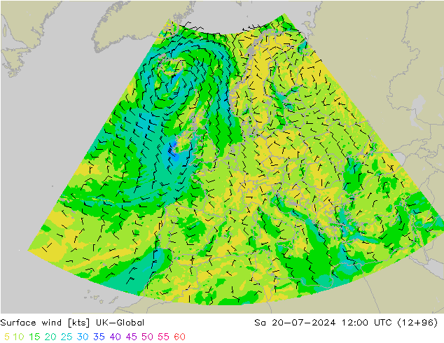 Wind 10 m UK-Global za 20.07.2024 12 UTC