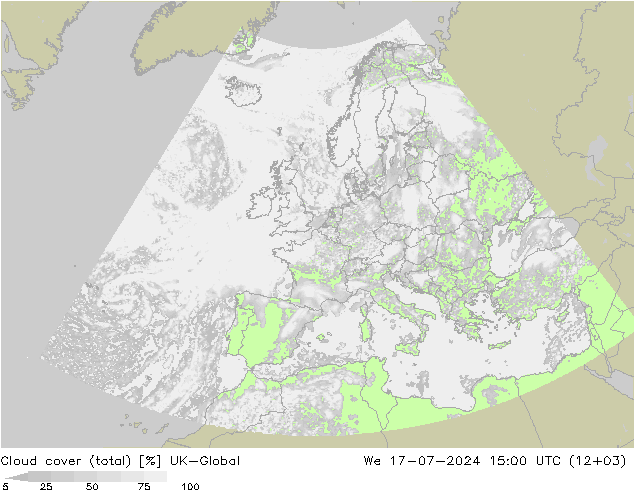 Bewolking (Totaal) UK-Global wo 17.07.2024 15 UTC