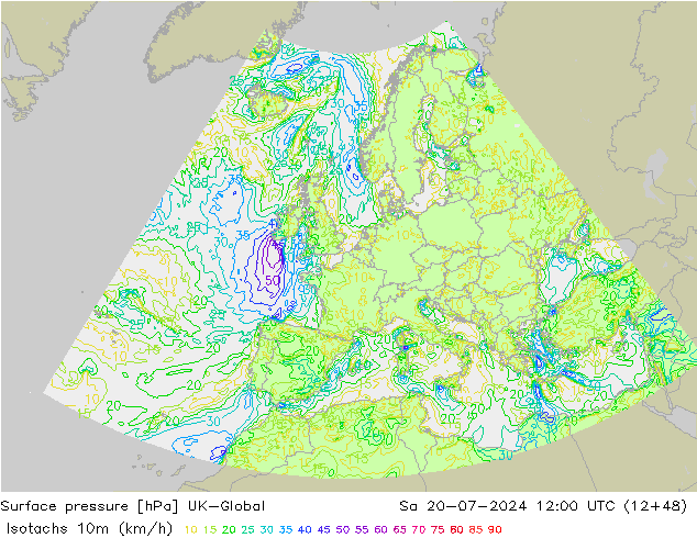 Isotachen (km/h) UK-Global za 20.07.2024 12 UTC