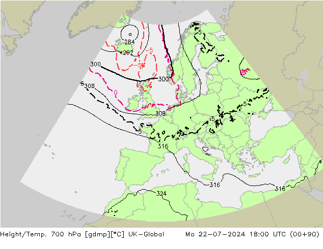 Hoogte/Temp. 700 hPa UK-Global ma 22.07.2024 18 UTC