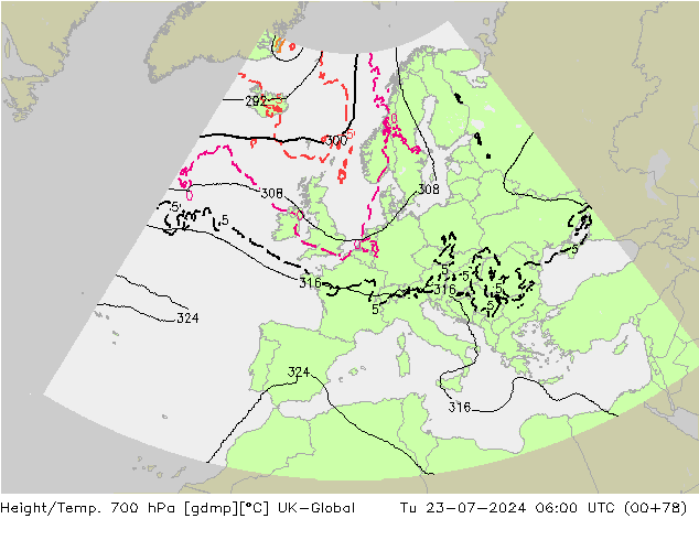 Hoogte/Temp. 700 hPa UK-Global di 23.07.2024 06 UTC