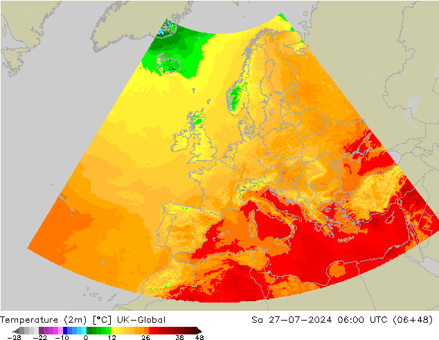 Temperatuurkaart (2m) UK-Global za 27.07.2024 06 UTC