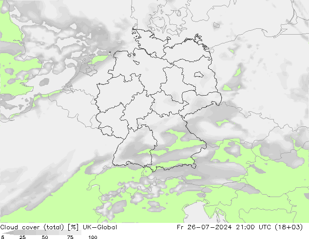 Cloud cover (total) UK-Global Fr 26.07.2024 21 UTC