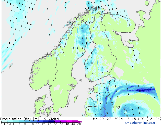 降水量 (6h) UK-Global 星期一 29.07.2024 18 UTC