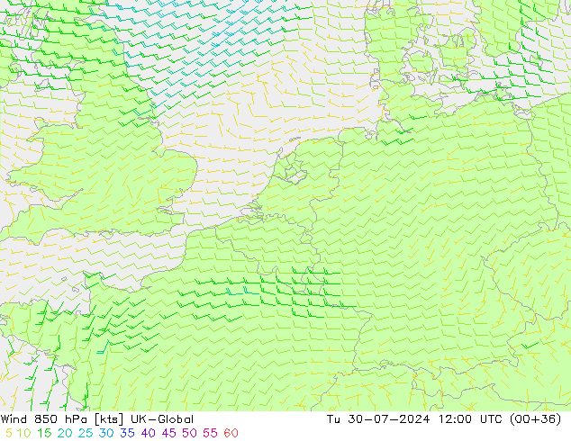 风 850 hPa UK-Global 星期二 30.07.2024 12 UTC