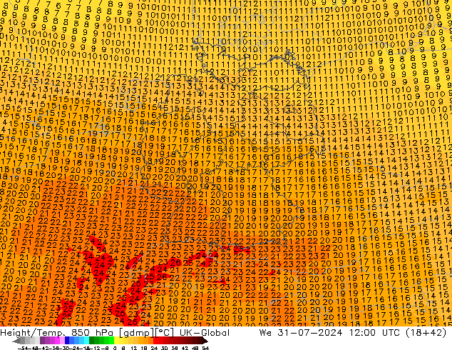Hoogte/Temp. 850 hPa UK-Global wo 31.07.2024 12 UTC