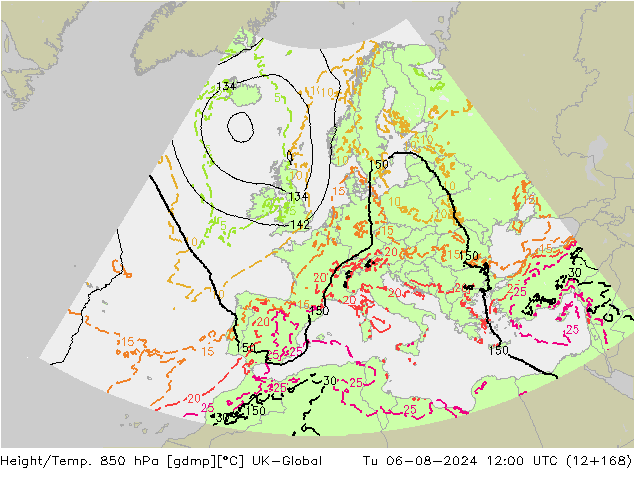 Hoogte/Temp. 850 hPa UK-Global di 06.08.2024 12 UTC
