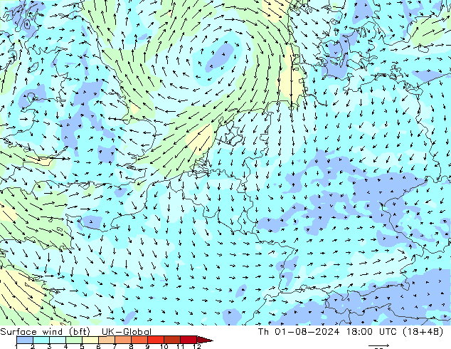 Wind 10 m (bft) UK-Global do 01.08.2024 18 UTC