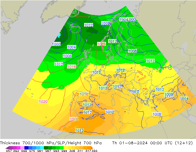 Thck 700-1000 hPa UK-Global 星期四 01.08.2024 00 UTC