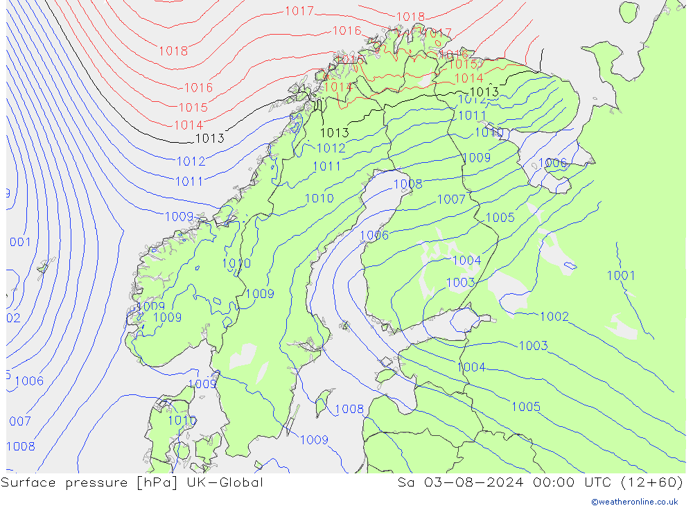 地面气压 UK-Global 星期六 03.08.2024 00 UTC
