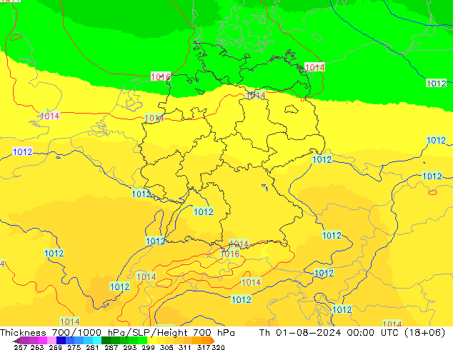 Dikte700-1000 hPa UK-Global do 01.08.2024 00 UTC