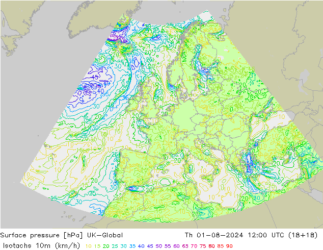 Isotachen (km/h) UK-Global do 01.08.2024 12 UTC