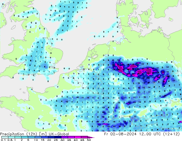 Totale neerslag (12h) UK-Global vr 02.08.2024 00 UTC