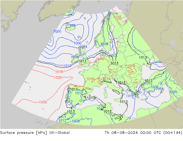 地面气压 UK-Global 星期四 08.08.2024 00 UTC