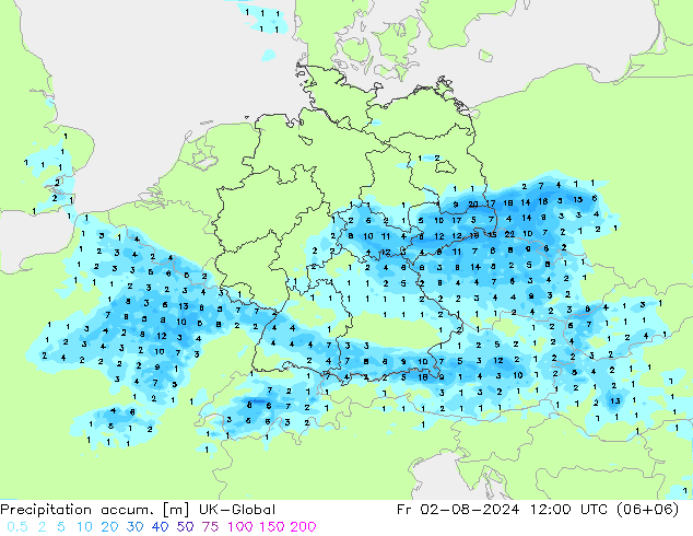 Precipitation accum. UK-Global 星期五 02.08.2024 12 UTC