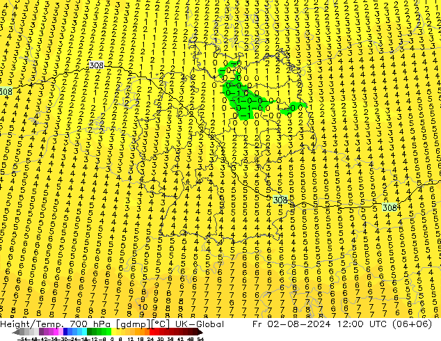 Height/Temp. 700 hPa UK-Global 星期五 02.08.2024 12 UTC