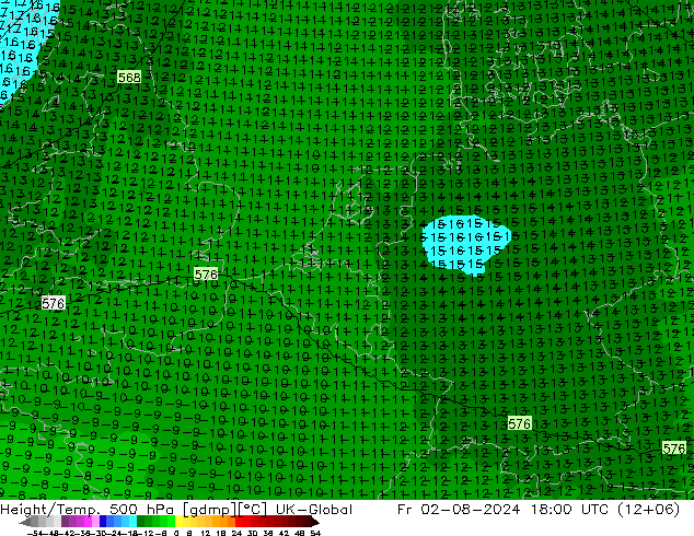 Hoogte/Temp. 500 hPa UK-Global vr 02.08.2024 18 UTC