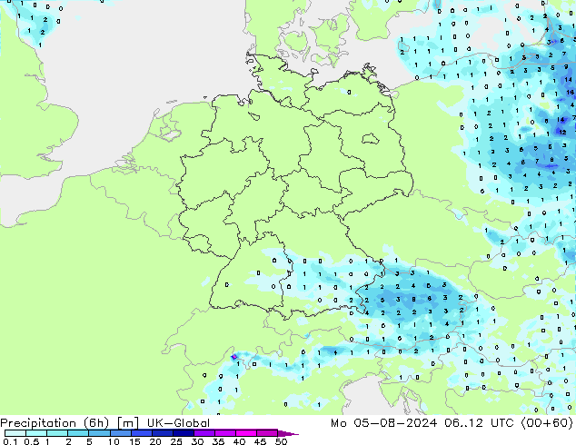 Totale neerslag (6h) UK-Global ma 05.08.2024 12 UTC