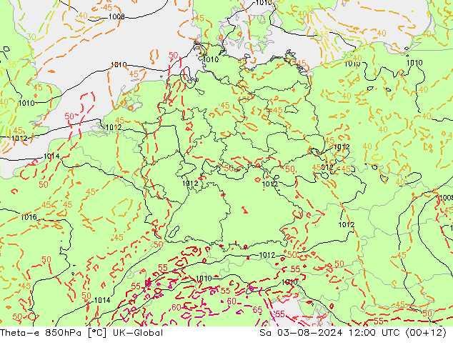 Theta-e 850hPa UK-Global 星期六 03.08.2024 12 UTC