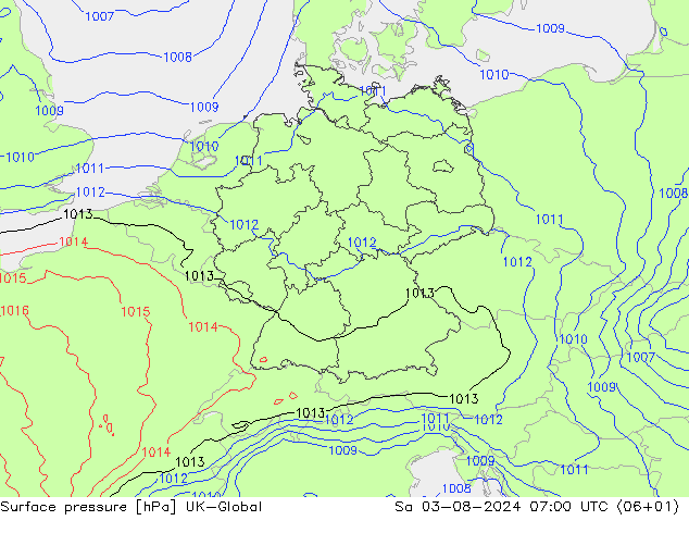 地面气压 UK-Global 星期六 03.08.2024 07 UTC