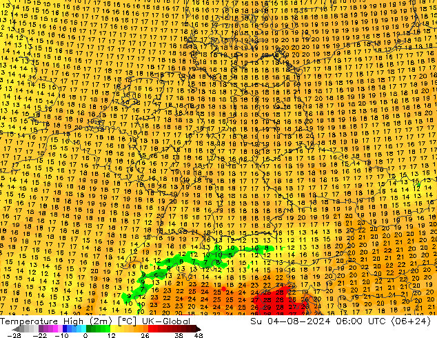 Max.temperatuur (2m) UK-Global zo 04.08.2024 06 UTC