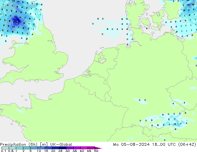 降水量 (6h) UK-Global 星期一 05.08.2024 00 UTC