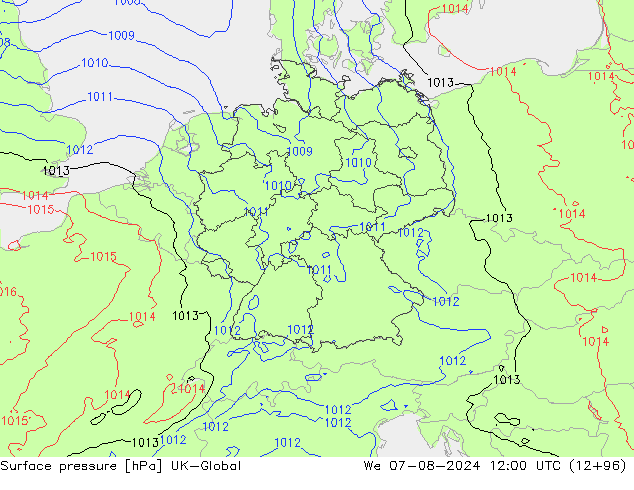 Luchtdruk (Grond) UK-Global wo 07.08.2024 12 UTC