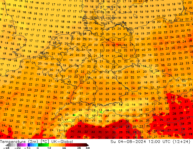 Temperatuurkaart (2m) UK-Global zo 04.08.2024 12 UTC