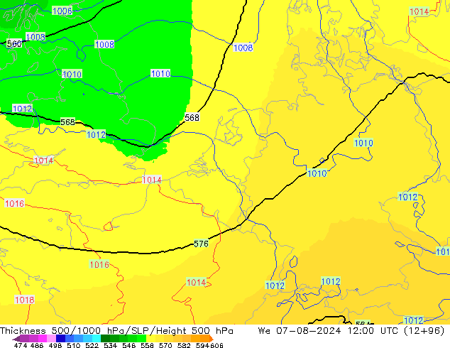 Thck 500-1000hPa UK-Global 星期三 07.08.2024 12 UTC