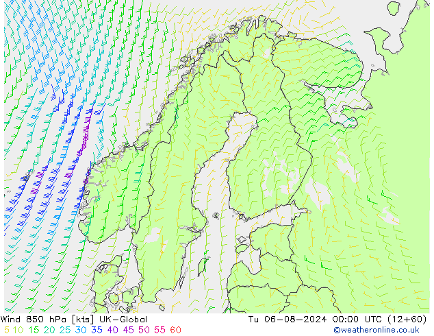 Wind 850 hPa UK-Global di 06.08.2024 00 UTC