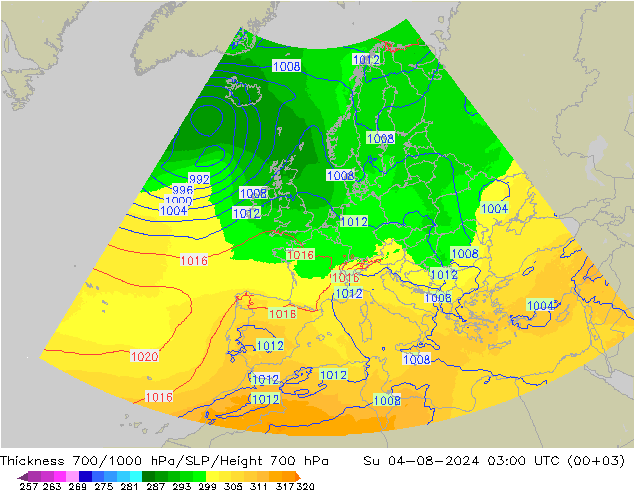 Thck 700-1000 hPa UK-Global 星期日 04.08.2024 03 UTC