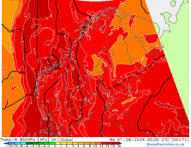 Theta-W 850hPa UK-Global 星期三 07.08.2024 00 UTC