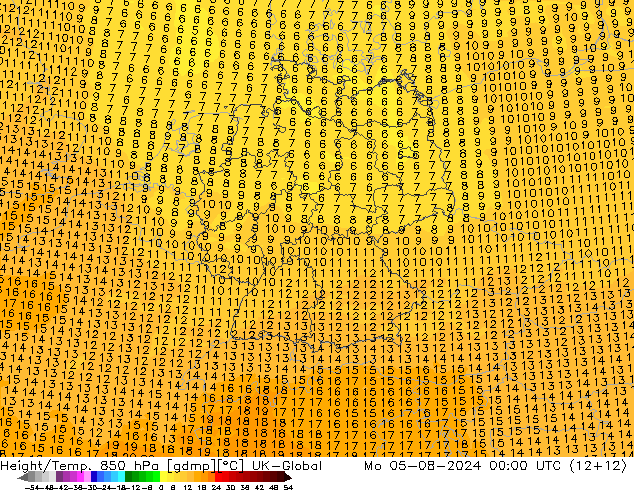 Hoogte/Temp. 850 hPa UK-Global ma 05.08.2024 00 UTC