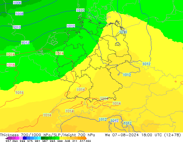 Dikte700-1000 hPa UK-Global wo 07.08.2024 18 UTC