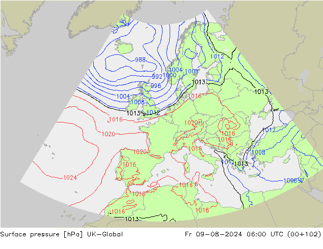 地面气压 UK-Global 星期五 09.08.2024 06 UTC