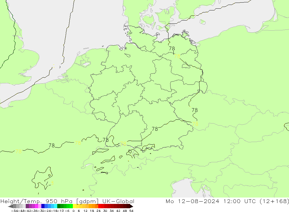 Height/Temp. 950 hPa UK-Global 星期一 12.08.2024 12 UTC
