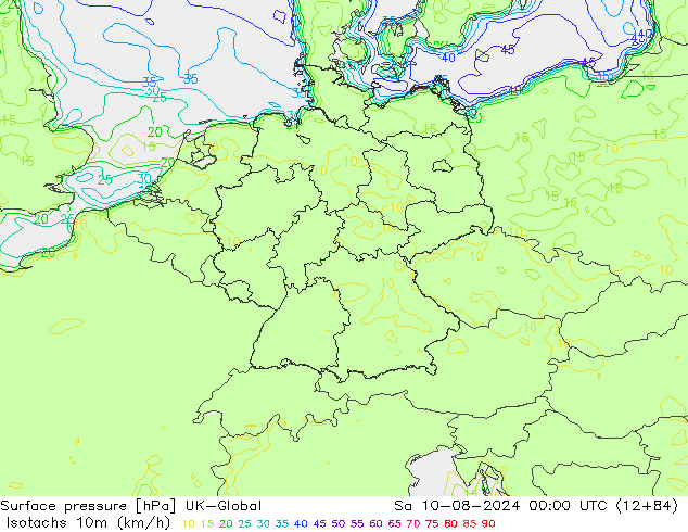 Isotachen (km/h) UK-Global za 10.08.2024 00 UTC