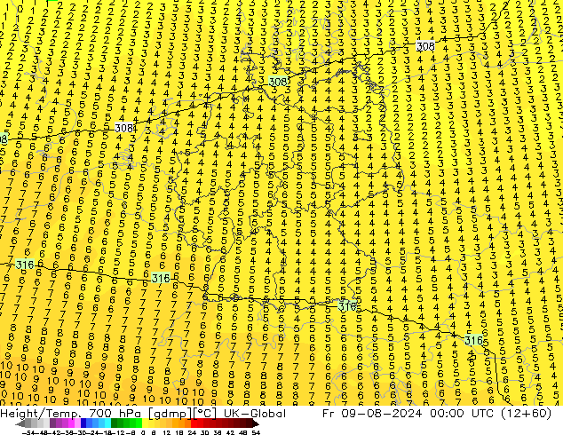 Hoogte/Temp. 700 hPa UK-Global vr 09.08.2024 00 UTC