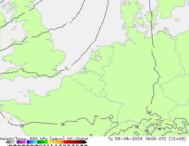 Height/Temp. 950 hPa UK-Global 星期二 06.08.2024 18 UTC