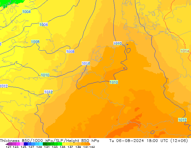 Dikte 850-1000 hPa UK-Global di 06.08.2024 18 UTC