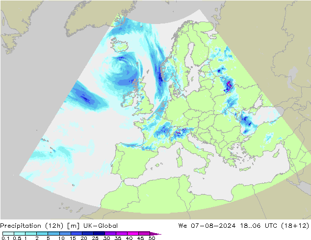 Totale neerslag (12h) UK-Global wo 07.08.2024 06 UTC