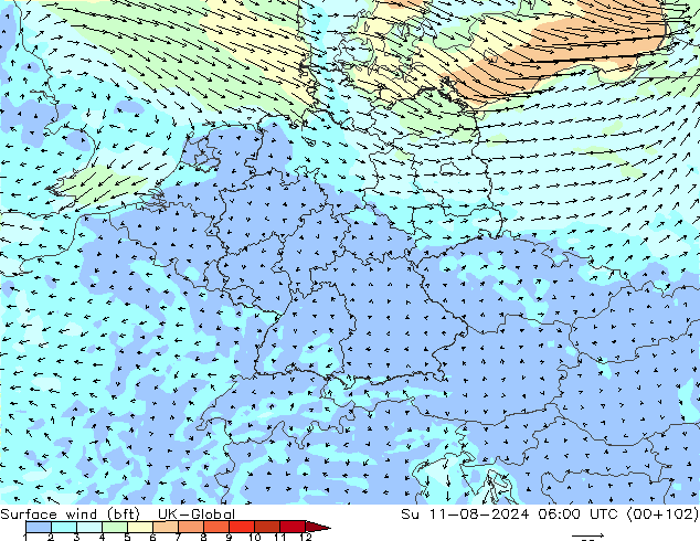 Wind 10 m (bft) UK-Global zo 11.08.2024 06 UTC