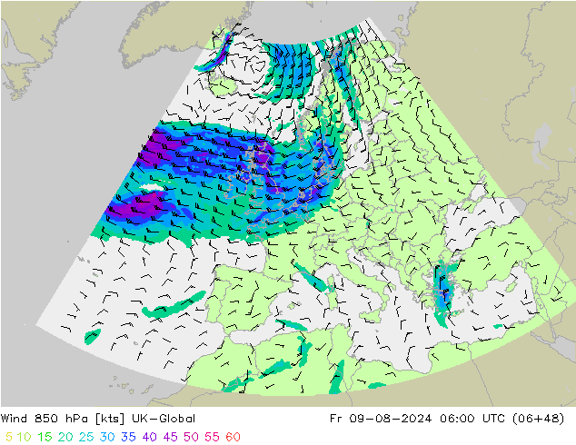 Wind 850 hPa UK-Global vr 09.08.2024 06 UTC