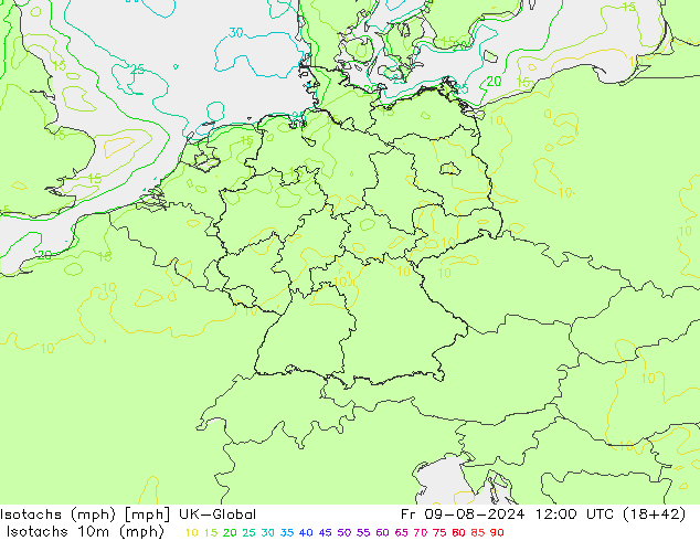 Isotachen (mph) UK-Global vr 09.08.2024 12 UTC