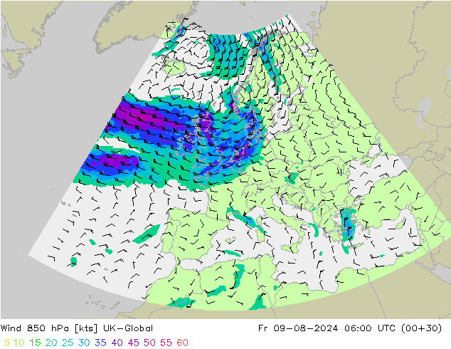 Wind 850 hPa UK-Global vr 09.08.2024 06 UTC