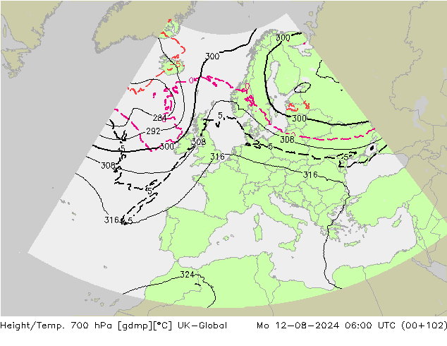 Height/Temp. 700 hPa UK-Global 星期一 12.08.2024 06 UTC